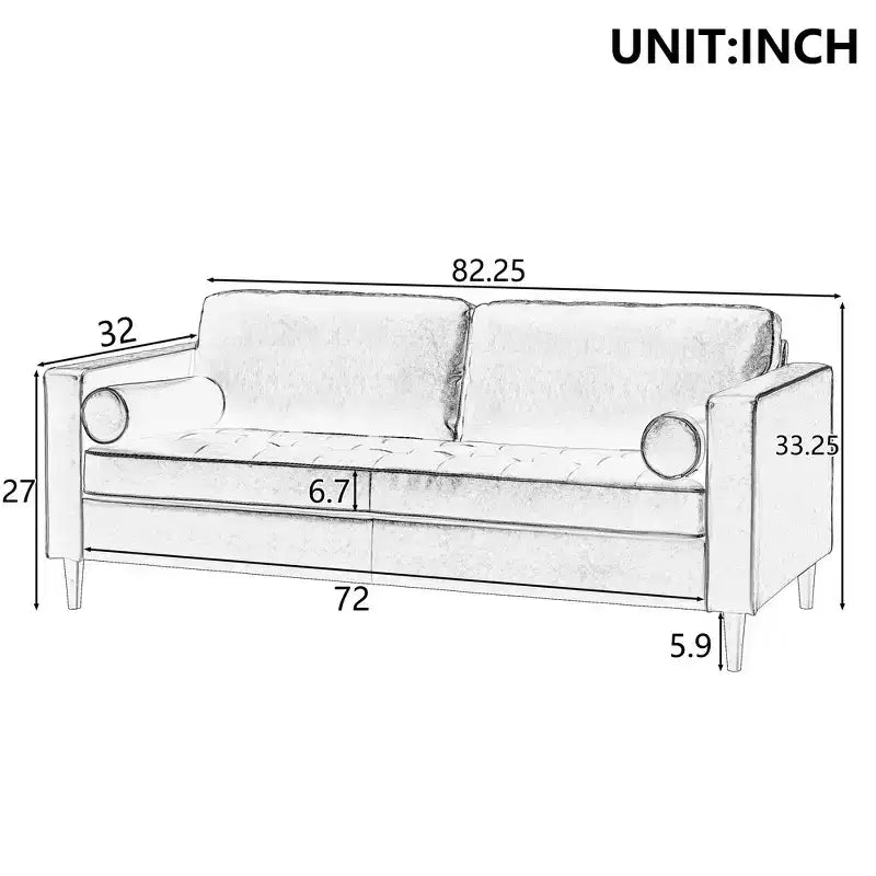 Whisen PU Leather 3-Seat Sofa, Mid-Century Modern Sofa Couch with Tufted Design, Solid Wood Legs, 2 Bolster Pillows