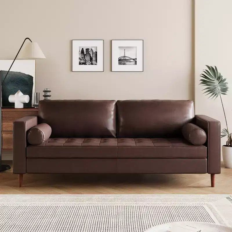 Whisen PU Leather 3-Seat Sofa, Mid-Century Modern Sofa Couch with Tufted Design, Solid Wood Legs, 2 Bolster Pillows