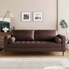 Whisen PU Leather 3-Seat Sofa, Mid-Century Modern Sofa Couch with Tufted Design, Solid Wood Legs, 2 Bolster Pillows