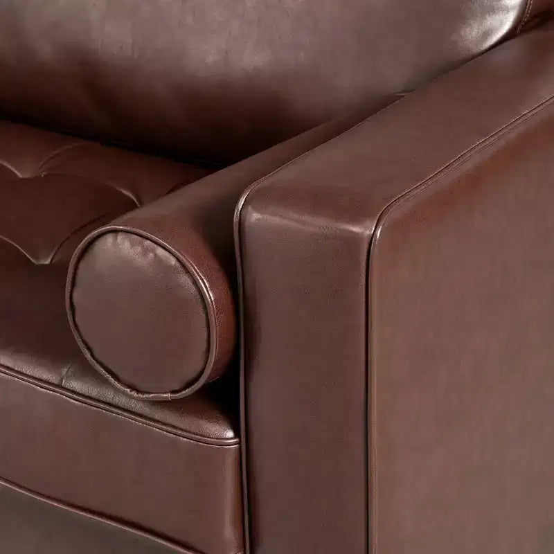 Whisen PU Leather 3-Seat Sofa, Mid-Century Modern Sofa Couch with Tufted Design, Solid Wood Legs, 2 Bolster Pillows