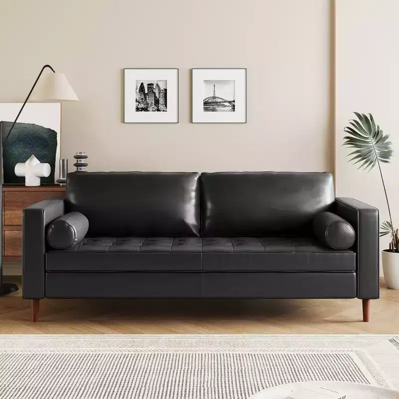 Whisen PU Leather 3-Seat Sofa, Mid-Century Modern Sofa Couch with Tufted Design, Solid Wood Legs, 2 Bolster Pillows