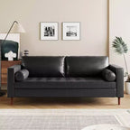 Whisen PU Leather 3-Seat Sofa, Mid-Century Modern Sofa Couch with Tufted Design, Solid Wood Legs, 2 Bolster Pillows