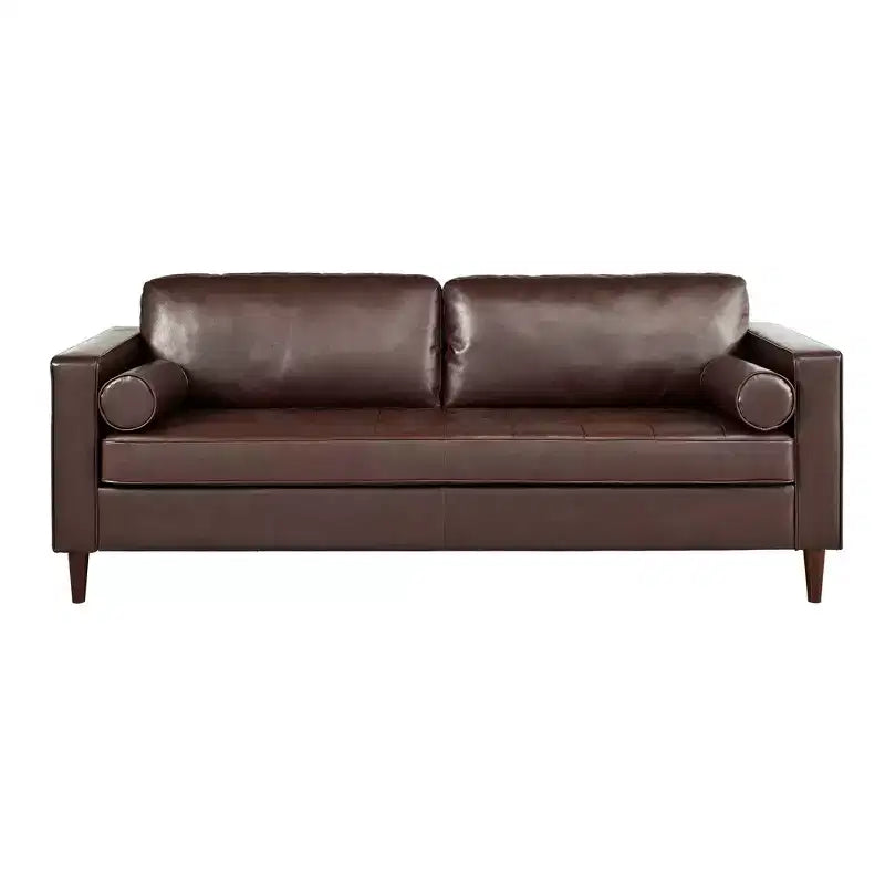 Whisen PU Leather 3-Seat Sofa, Mid-Century Modern Sofa Couch with Tufted Design, Solid Wood Legs, 2 Bolster Pillows