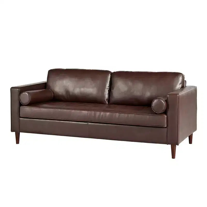 Whisen PU Leather 3-Seat Sofa, Mid-Century Modern Sofa Couch with Tufted Design, Solid Wood Legs, 2 Bolster Pillows