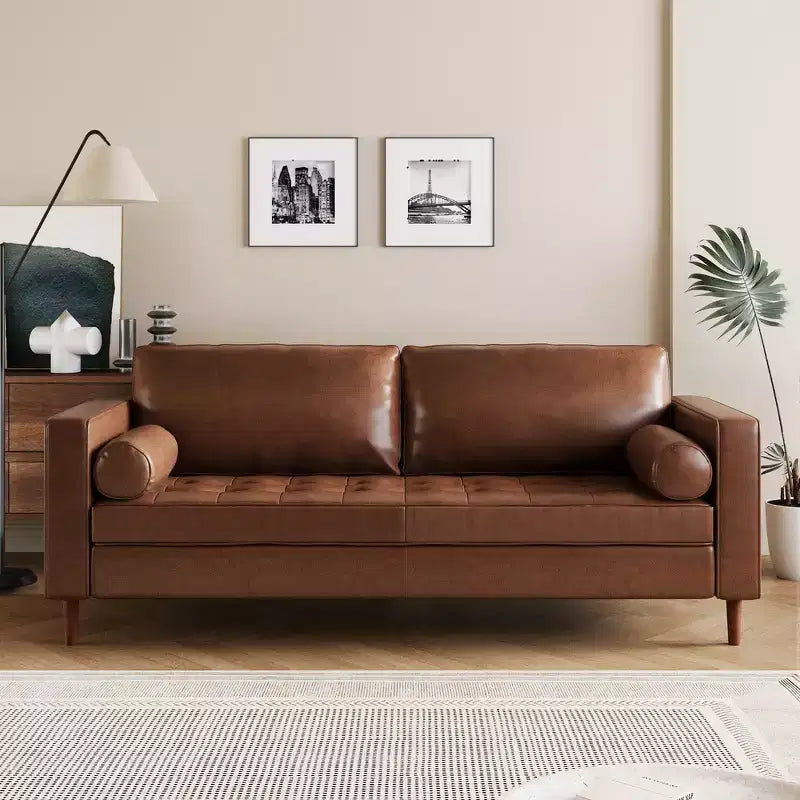 Whisen PU Leather 3-Seat Sofa, Mid-Century Modern Sofa Couch with Tufted Design, Solid Wood Legs, 2 Bolster Pillows