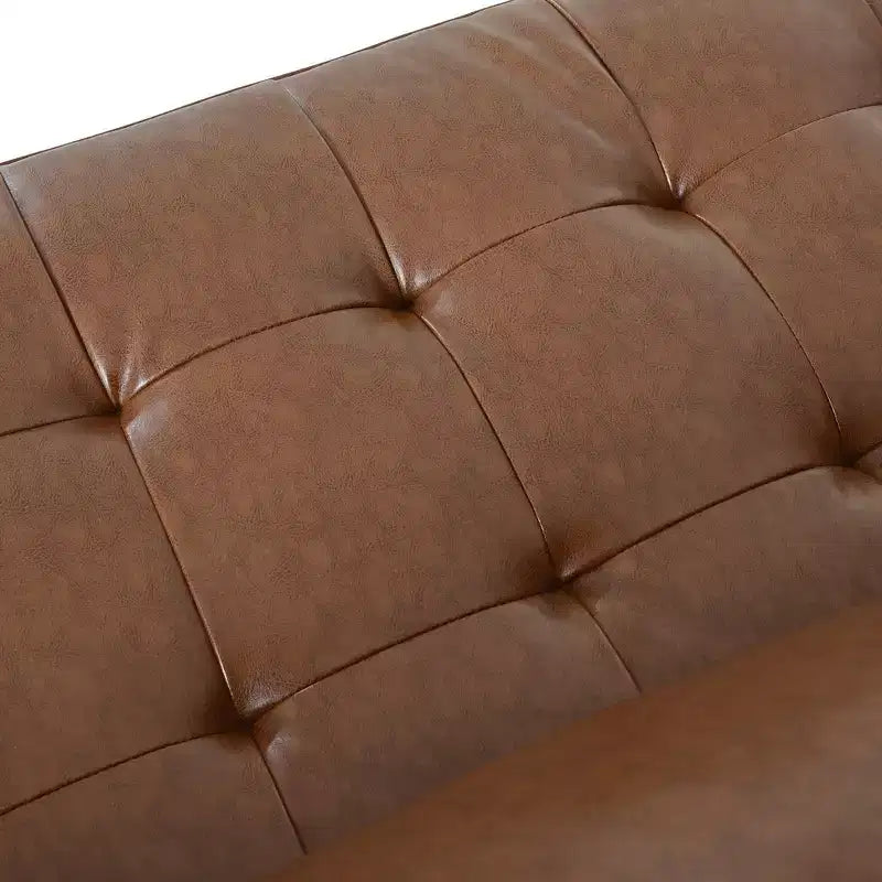 Whisen PU Leather 3-Seat Sofa, Mid-Century Modern Sofa Couch with Tufted Design, Solid Wood Legs, 2 Bolster Pillows