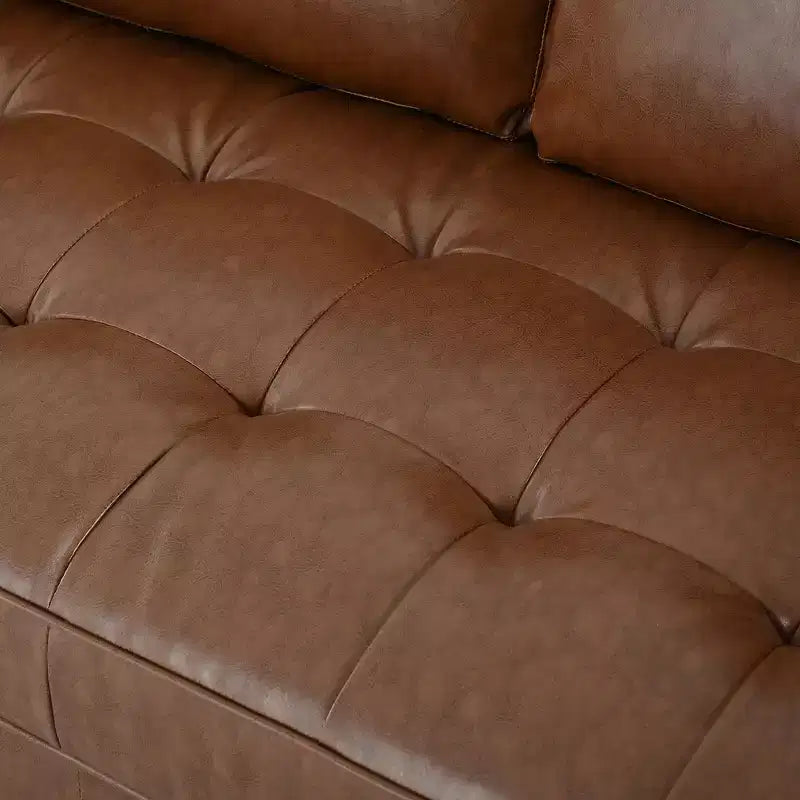 Whisen PU Leather 3-Seat Sofa, Mid-Century Modern Sofa Couch with Tufted Design, Solid Wood Legs, 2 Bolster Pillows