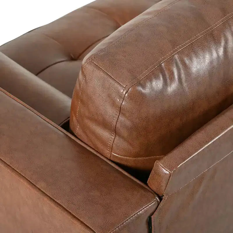 Whisen PU Leather 3-Seat Sofa, Mid-Century Modern Sofa Couch with Tufted Design, Solid Wood Legs, 2 Bolster Pillows