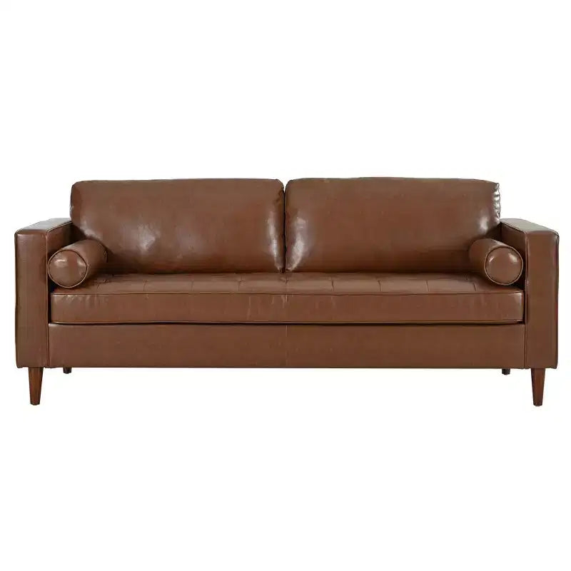 Whisen PU Leather 3-Seat Sofa, Mid-Century Modern Sofa Couch with Tufted Design, Solid Wood Legs, 2 Bolster Pillows