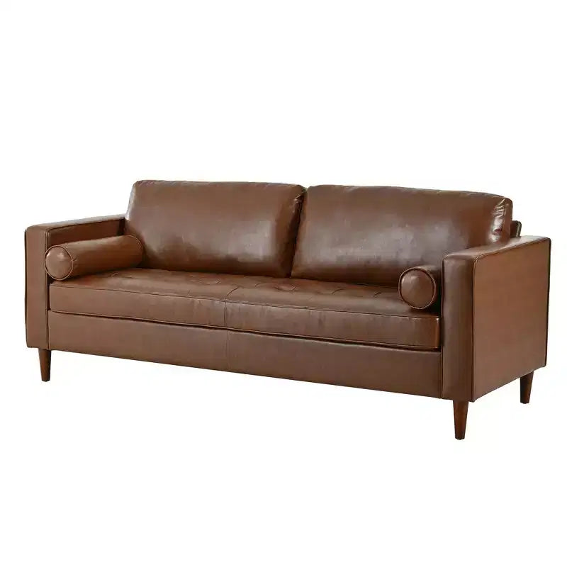 Whisen PU Leather 3-Seat Sofa, Mid-Century Modern Sofa Couch with Tufted Design, Solid Wood Legs, 2 Bolster Pillows