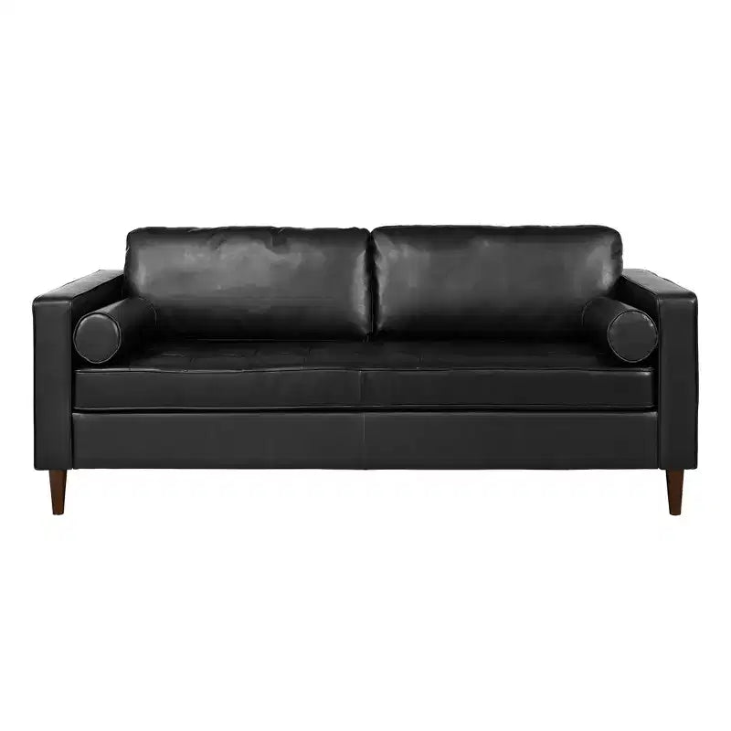 Whisen PU Leather 3-Seat Sofa, Mid-Century Modern Sofa Couch with Tufted Design, Solid Wood Legs, 2 Bolster Pillows
