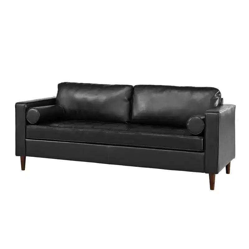 Whisen PU Leather 3-Seat Sofa, Mid-Century Modern Sofa Couch with Tufted Design, Solid Wood Legs, 2 Bolster Pillows