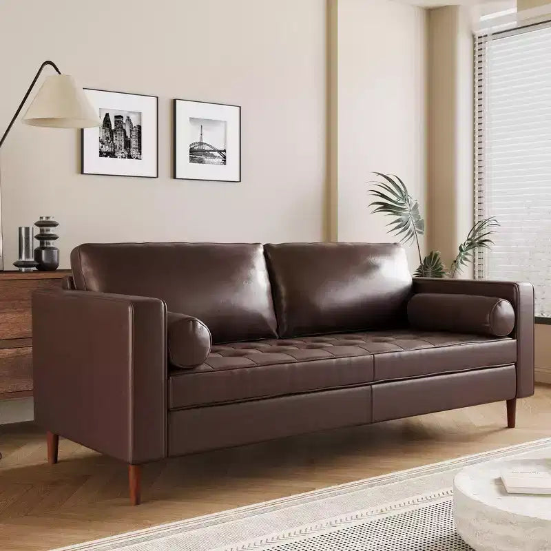 Whisen PU Leather 3-Seat Sofa, Mid-Century Modern Sofa Couch with Tufted Design, Solid Wood Legs, 2 Bolster Pillows