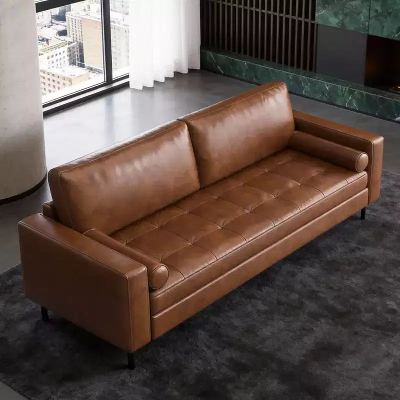 80.31 Canapé 3 places moderne du milieu du siècle en similicuir avec coussins cylindriques pour salon, bureau, appartement, marron Gaoyangjiaju