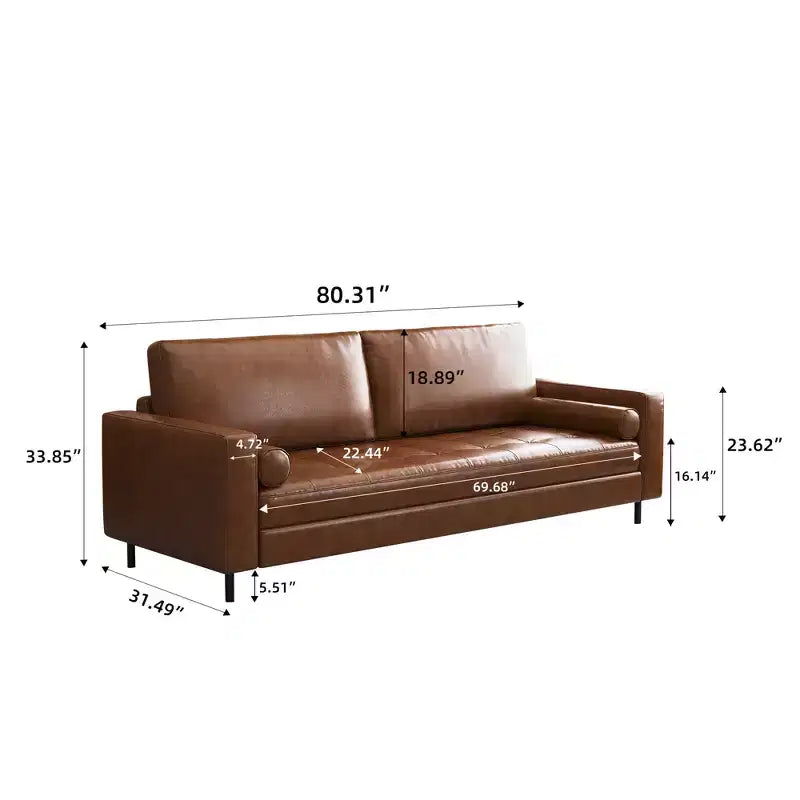 80.31 Canapé 3 places moderne du milieu du siècle en similicuir avec coussins cylindriques pour salon, bureau, appartement, marron Gaoyangjiaju
