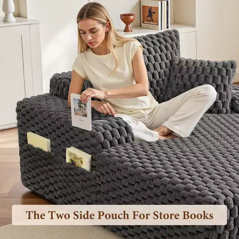 KERDOM Canapé de salon chaise longue confortable surdimensionné, canapé-lit douillet avec coussins moelleux, porte-gobelet et pochette de lecture