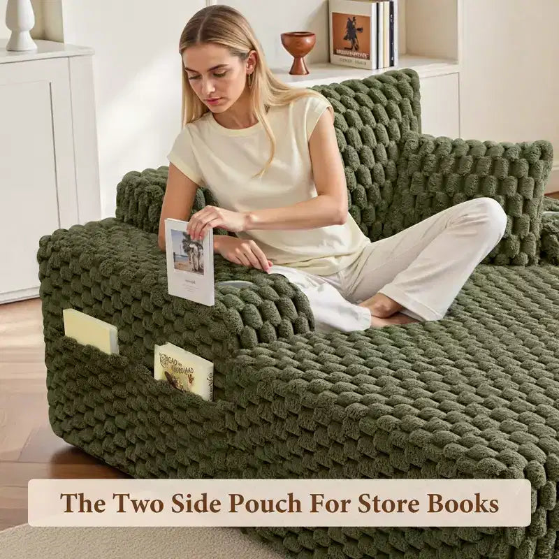 KERDOM Canapé de salon chaise longue confortable surdimensionné, canapé-lit douillet avec coussins moelleux, porte-gobelet et pochette de lecture