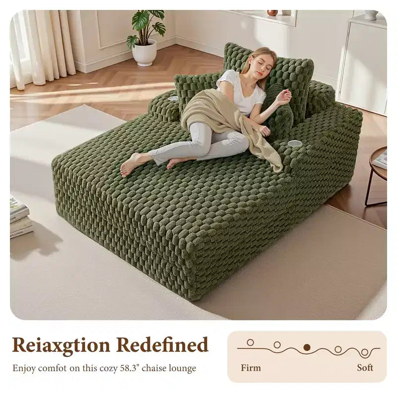 KERDOM Canapé de salon chaise longue confortable surdimensionné, canapé-lit douillet avec coussins moelleux, porte-gobelet et pochette de lecture