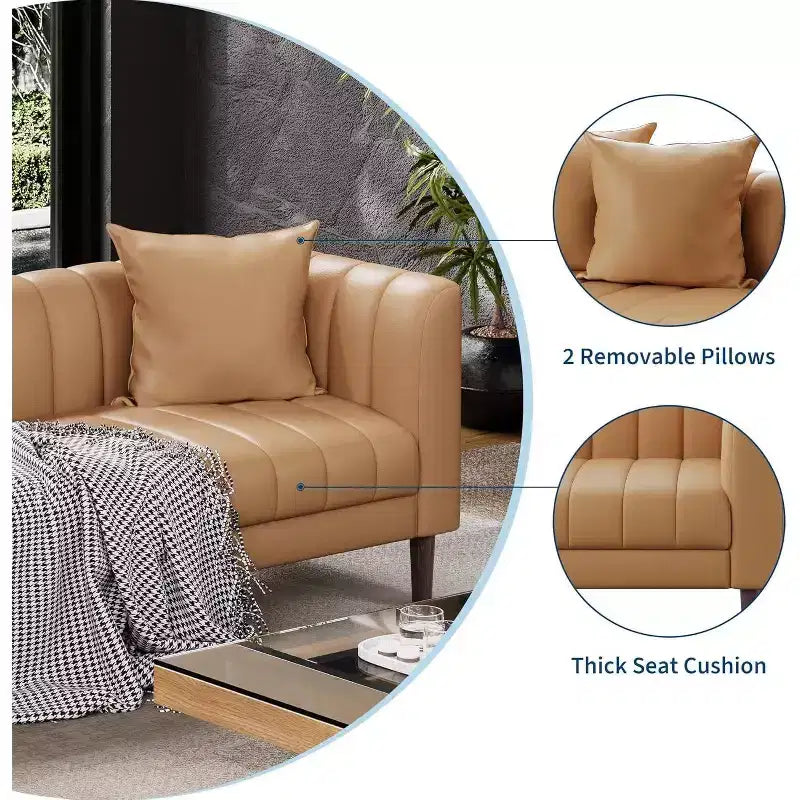 Faux Leather Sofas Couches with 2 Throw Pillows, Mid Century Modern Loveseat Sofa, 3 Seater Sofa and Wood Legs, Easy Assembly, for Living Room