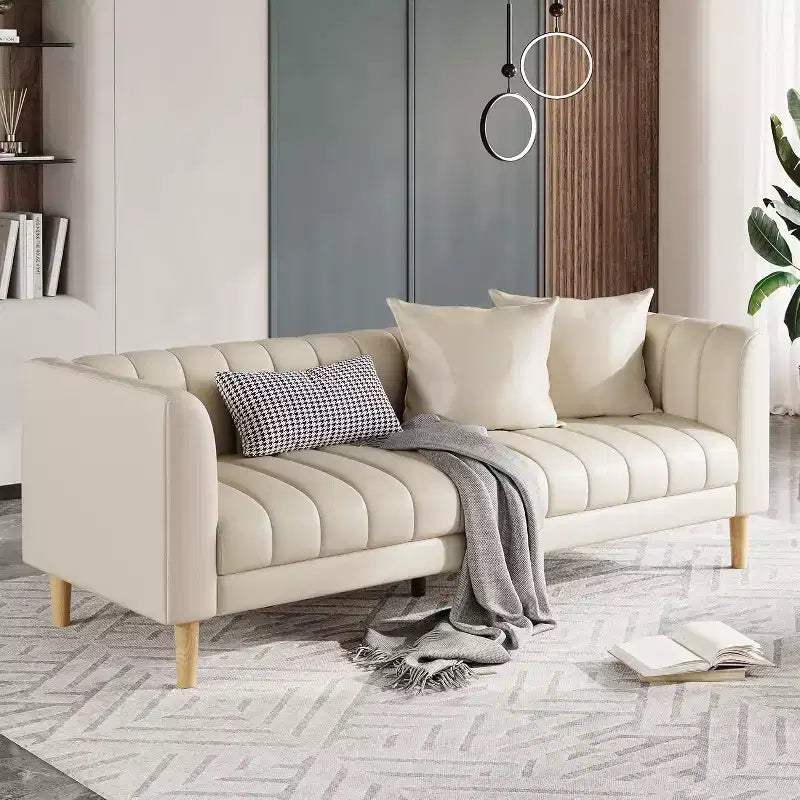 Faux Leather Sofas Couches with 2 Throw Pillows, Mid Century Modern Loveseat Sofa, 3 Seater Sofa and Wood Legs, Easy Assembly, for Living Room