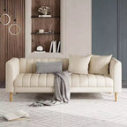 Faux Leather Sofas Couches with 2 Throw Pillows, Mid Century Modern Loveseat Sofa, 3 Seater Sofa and Wood Legs, Easy Assembly, for Living Room