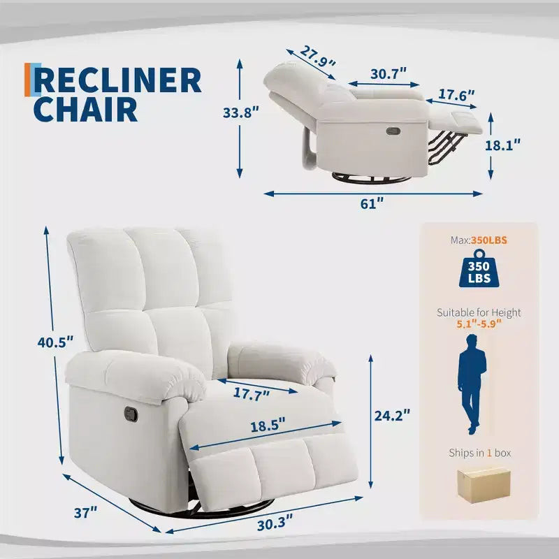 Fauteuil inclinable, fauteuil de relaxation pivotant à 360° avec accoudoirs rembourrés et assise profonde, fauteuil de canapé inclinable rembourré en chenille pour salon