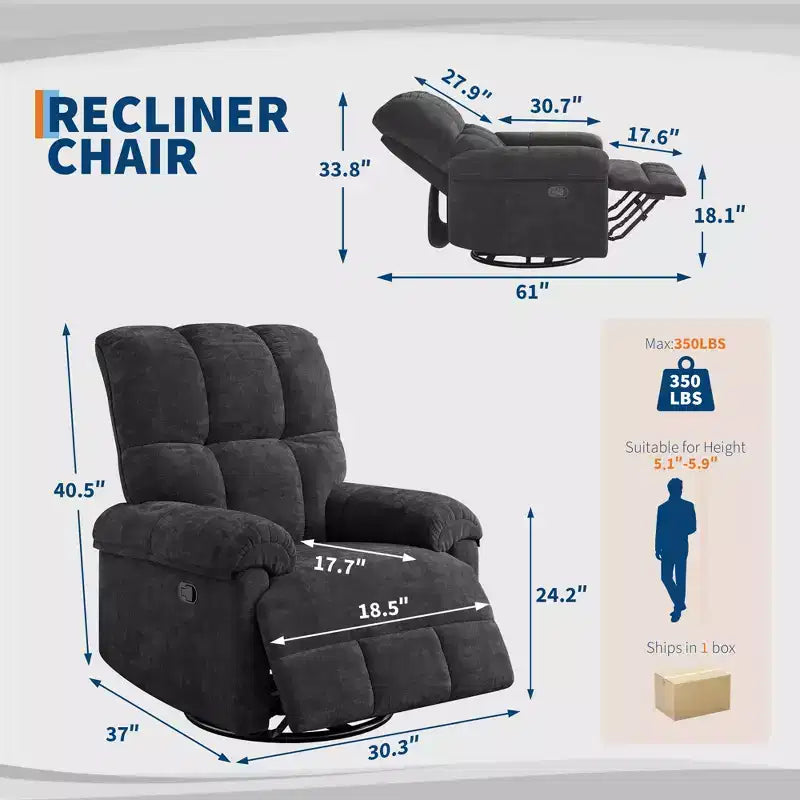 Fauteuil inclinable, fauteuil de relaxation pivotant à 360° avec accoudoirs rembourrés et assise profonde, fauteuil de canapé inclinable rembourré en chenille pour salon