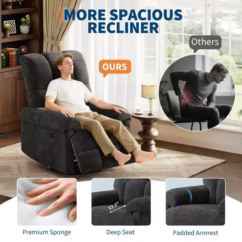 Fauteuil inclinable, fauteuil de relaxation pivotant à 360° avec accoudoirs rembourrés et assise profonde, fauteuil de canapé inclinable rembourré en chenille pour salon