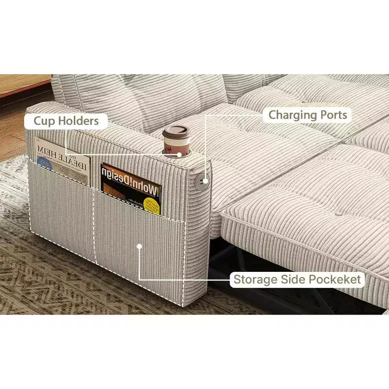 MooxvMoo 73 Queen Size Loveseat Sleeper Sofa w/ Pull Out Bed, Pockets and USB, Modern 2 Seater Convertible Small Couch for Living Room, Beige