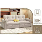 MooxvMoo 73 Queen Size Loveseat Sleeper Sofa w/ Pull Out Bed, Pockets and USB, Modern 2 Seater Convertible Small Couch for Living Room, Beige