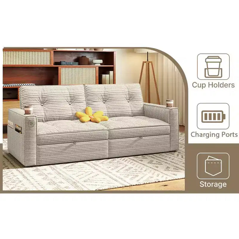 MooxvMoo 73 Queen Size Loveseat Sleeper Sofa w/ Pull Out Bed, Pockets and USB, Modern 2 Seater Convertible Small Couch for Living Room, Beige