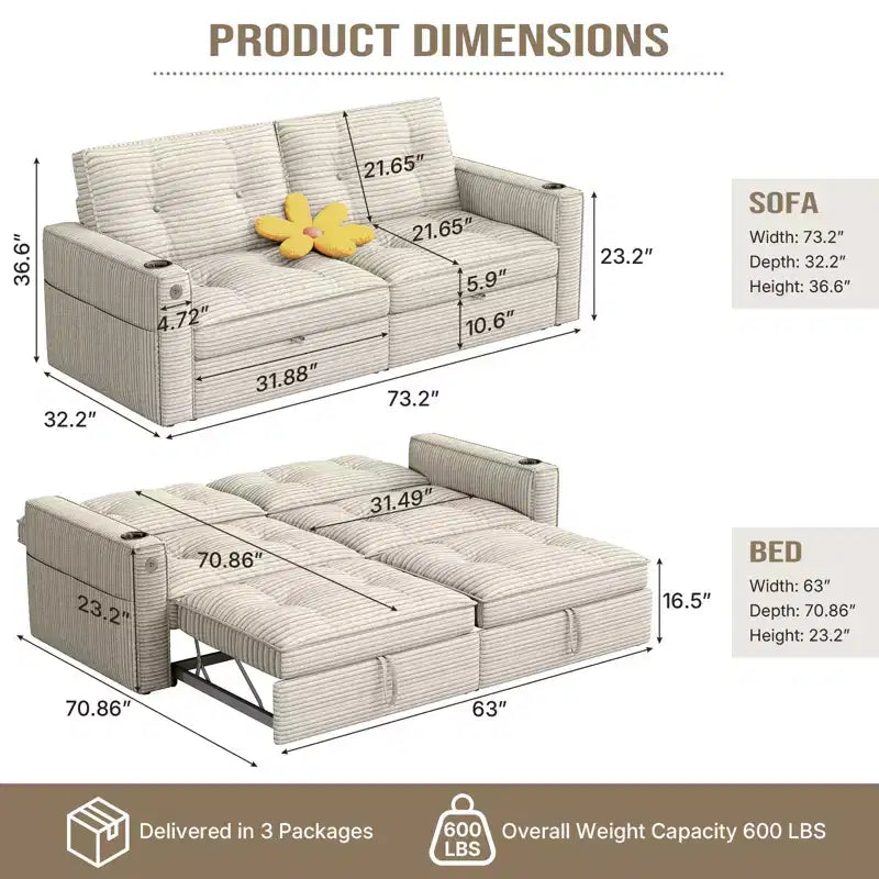 MooxvMoo 73 Queen Size Loveseat Sleeper Sofa w/ Pull Out Bed, Pockets and USB, Modern 2 Seater Convertible Small Couch for Living Room, Beige