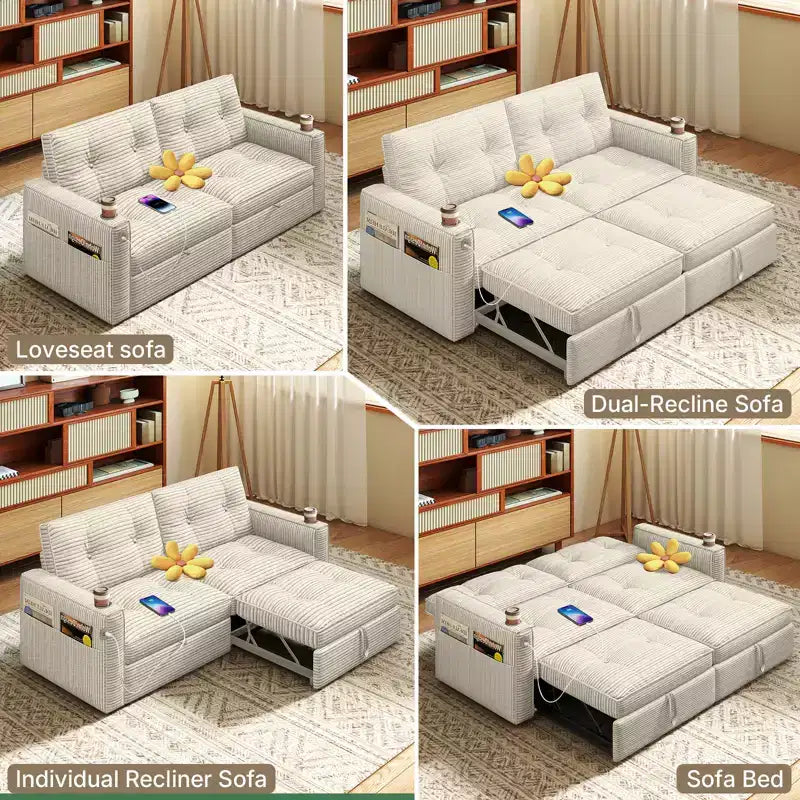 MooxvMoo 73 Queen Size Loveseat Sleeper Sofa w/ Pull Out Bed, Pockets and USB, Modern 2 Seater Convertible Small Couch for Living Room, Beige