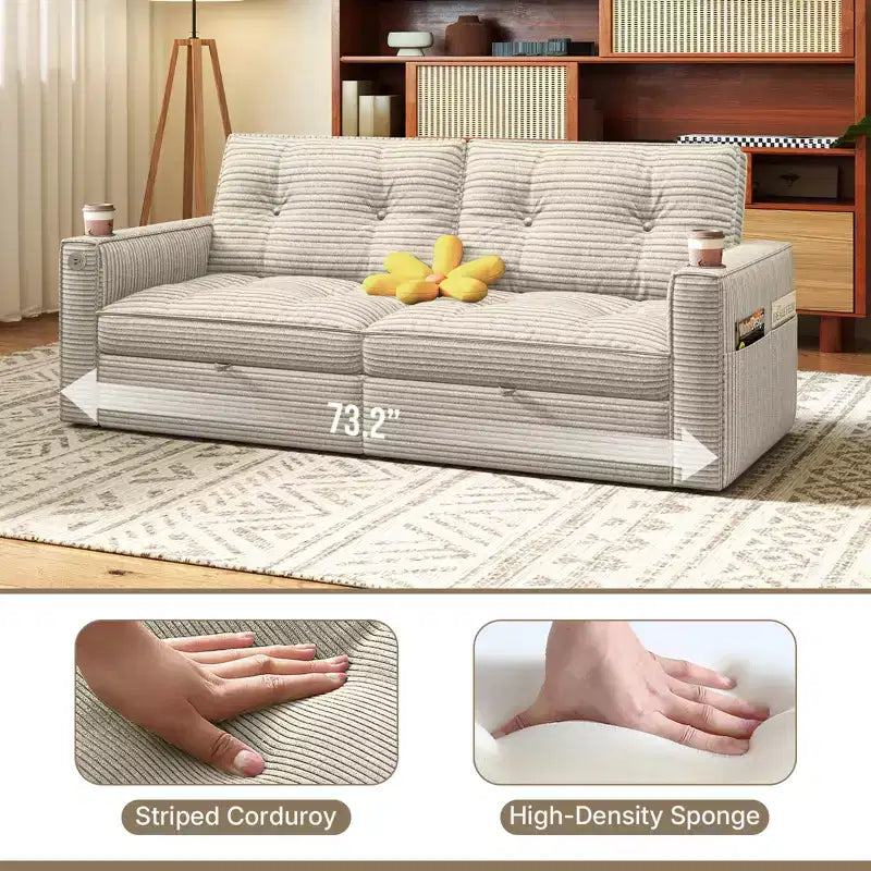 MooxvMoo 73 Queen Size Loveseat Sleeper Sofa w/ Pull Out Bed, Pockets and USB, Modern 2 Seater Convertible Small Couch for Living Room, Beige