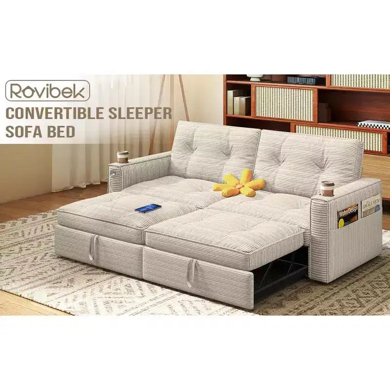 MooxvMoo 73 Queen Size Loveseat Sleeper Sofa w/ Pull Out Bed, Pockets and USB, Modern 2 Seater Convertible Small Couch for Living Room, Beige