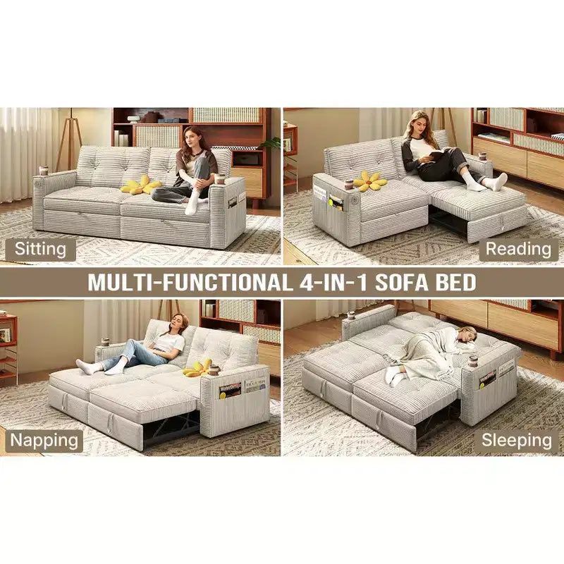 MooxvMoo 73 Queen Size Loveseat Sleeper Sofa w/ Pull Out Bed, Pockets and USB, Modern 2 Seater Convertible Small Couch for Living Room, Beige