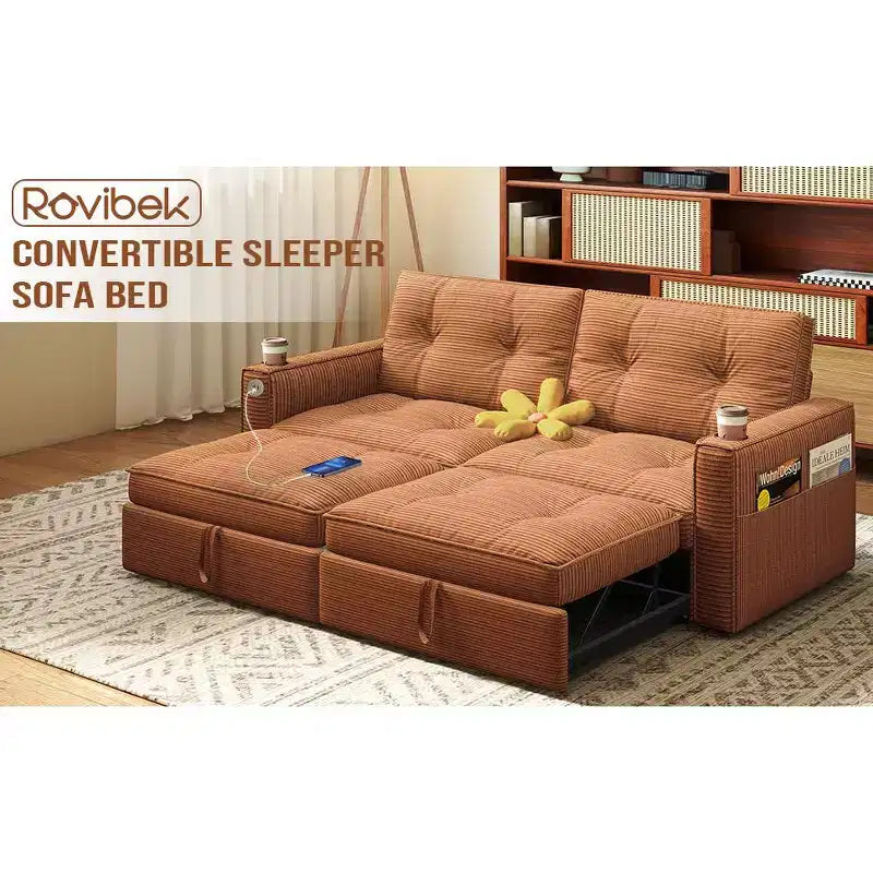 MooxvMoo 73 Queen Size Loveseat Sleeper Sofa w/ Pull Out Bed, Pockets and USB, Modern 2 Seater Convertible Small Couch for Living Room, Orange