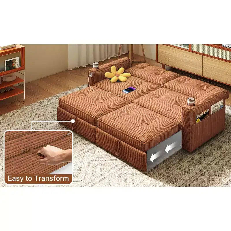 MooxvMoo 73 Queen Size Loveseat Sleeper Sofa w/ Pull Out Bed, Pockets and USB, Modern 2 Seater Convertible Small Couch for Living Room, Orange