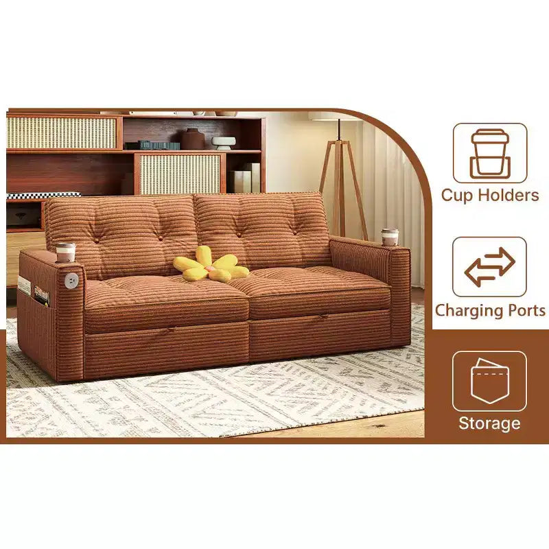 MooxvMoo 73 Queen Size Loveseat Sleeper Sofa w/ Pull Out Bed, Pockets and USB, Modern 2 Seater Convertible Small Couch for Living Room, Orange