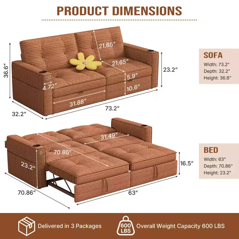 MooxvMoo 73 Queen Size Loveseat Sleeper Sofa w/ Pull Out Bed, Pockets and USB, Modern 2 Seater Convertible Small Couch for Living Room, Orange