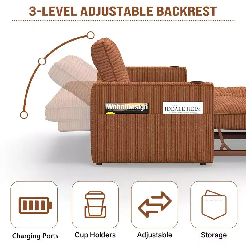 MooxvMoo 73 Queen Size Loveseat Sleeper Sofa w/ Pull Out Bed, Pockets and USB, Modern 2 Seater Convertible Small Couch for Living Room, Orange