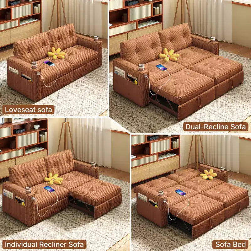 MooxvMoo 73 Queen Size Loveseat Sleeper Sofa w/ Pull Out Bed, Pockets and USB, Modern 2 Seater Convertible Small Couch for Living Room, Orange
