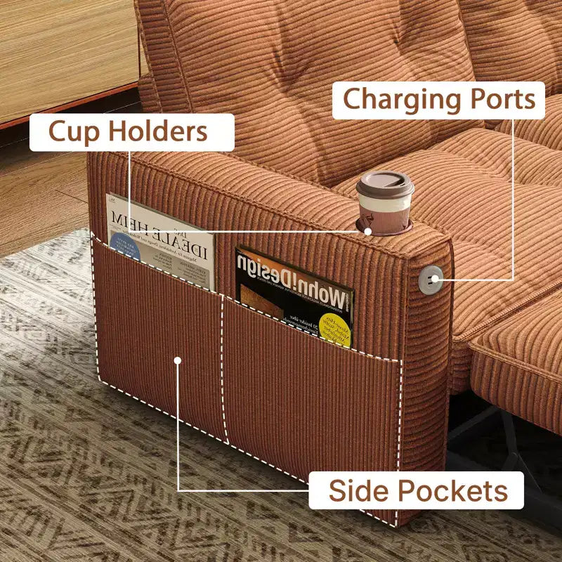 MooxvMoo 73 Queen Size Loveseat Sleeper Sofa w/ Pull Out Bed, Pockets and USB, Modern 2 Seater Convertible Small Couch for Living Room, Orange