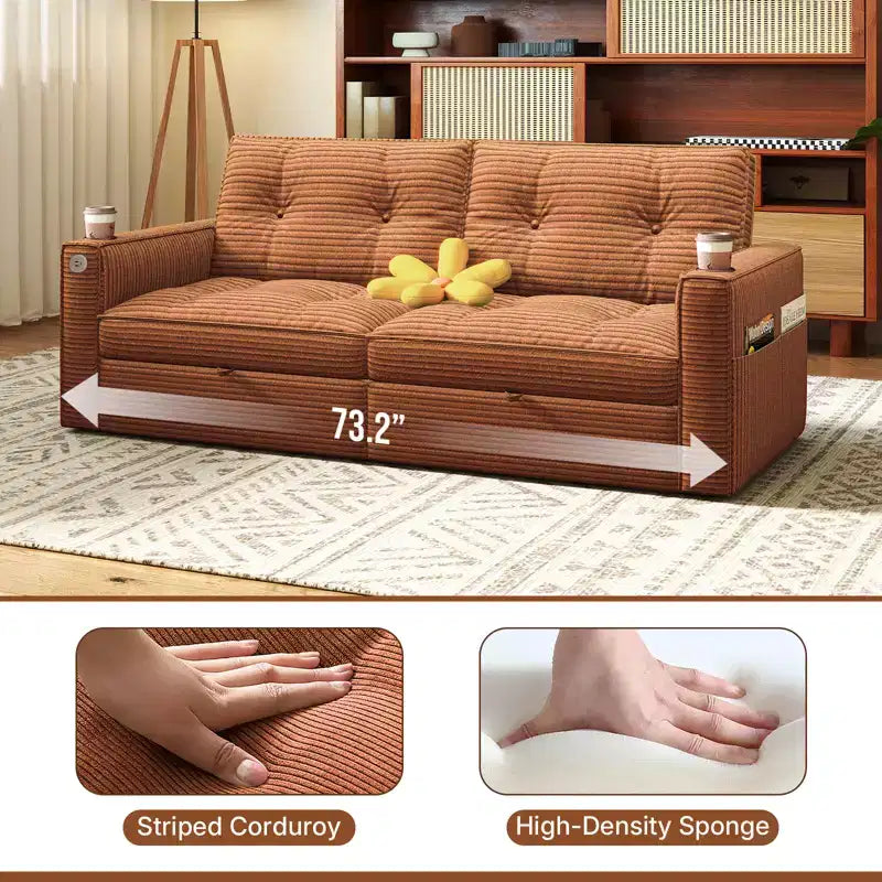 MooxvMoo 73 Queen Size Loveseat Sleeper Sofa w/ Pull Out Bed, Pockets and USB, Modern 2 Seater Convertible Small Couch for Living Room, Orange