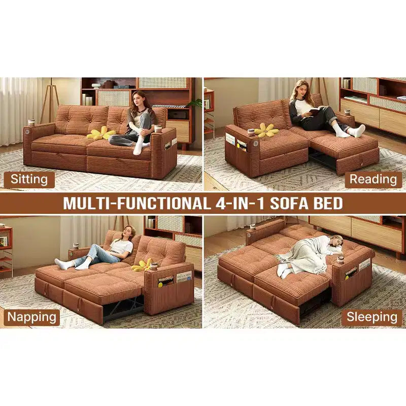 MooxvMoo 73 Queen Size Loveseat Sleeper Sofa w/ Pull Out Bed, Pockets and USB, Modern 2 Seater Convertible Small Couch for Living Room, Orange