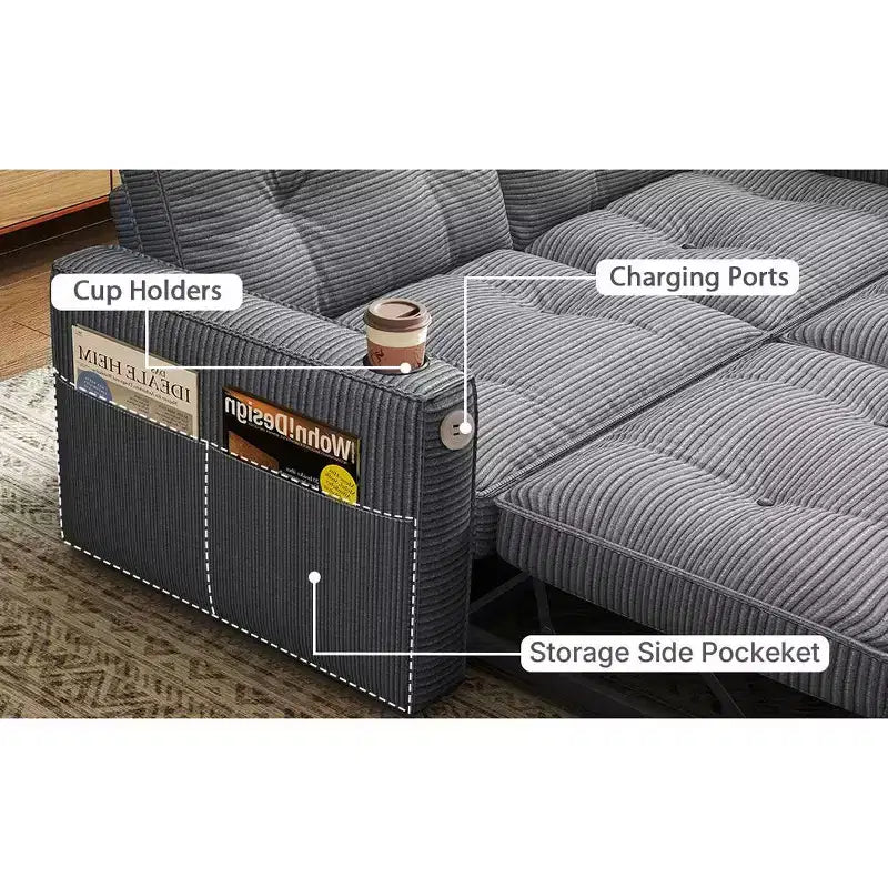 MooxvMoo 73 Queen Size Loveseat Sleeper Sofa w/ Pull Out Bed, Pockets and USB, Modern 2 Seater Convertible Small Couch for Living Room, Gray