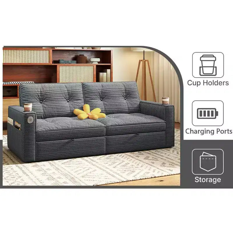 MooxvMoo 73 Queen Size Loveseat Sleeper Sofa w/ Pull Out Bed, Pockets and USB, Modern 2 Seater Convertible Small Couch for Living Room, Gray
