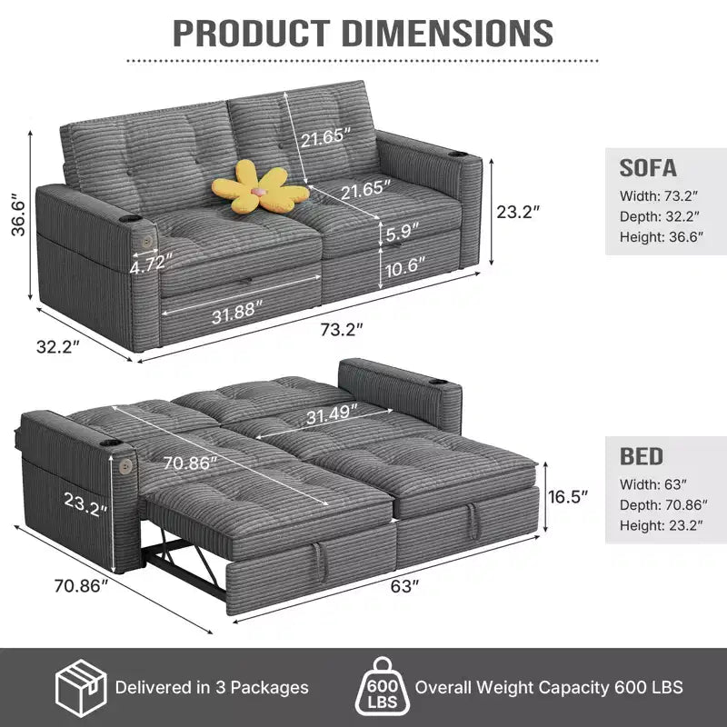 MooxvMoo 73 Queen Size Loveseat Sleeper Sofa w/ Pull Out Bed, Pockets and USB, Modern 2 Seater Convertible Small Couch for Living Room, Gray