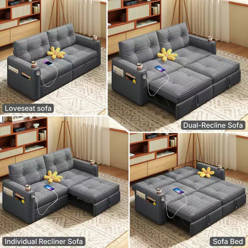 MooxvMoo 73 Queen Size Loveseat Sleeper Sofa w/ Pull Out Bed, Pockets and USB, Modern 2 Seater Convertible Small Couch for Living Room, Gray