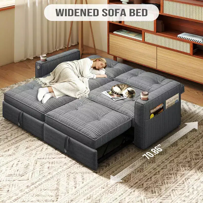 MooxvMoo 73 Queen Size Loveseat Sleeper Sofa w/ Pull Out Bed, Pockets and USB, Modern 2 Seater Convertible Small Couch for Living Room, Gray